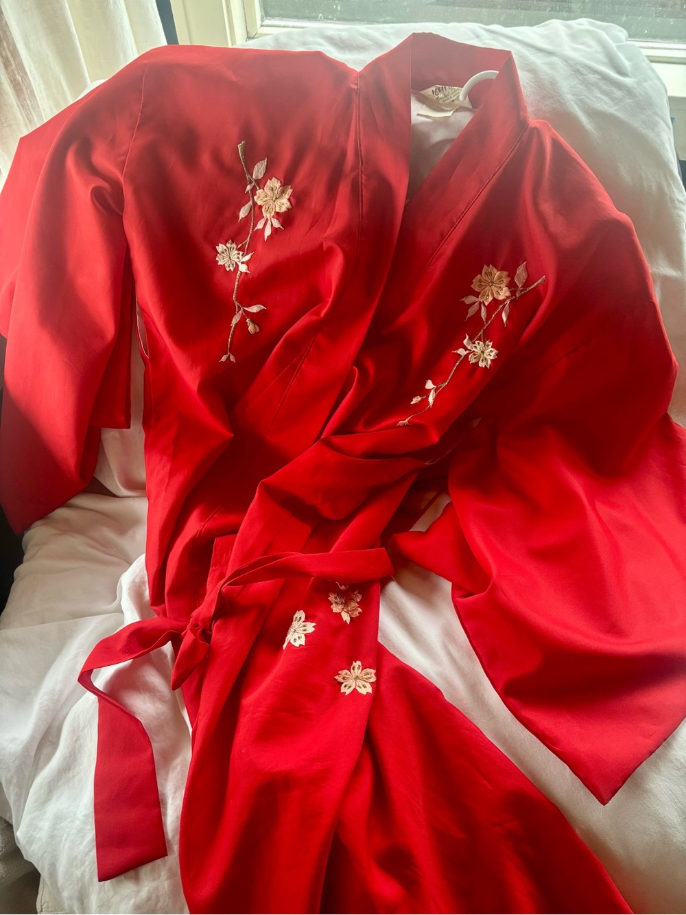 From Japan - Floral Embroidered Satin Robe - Women's Kimono Style